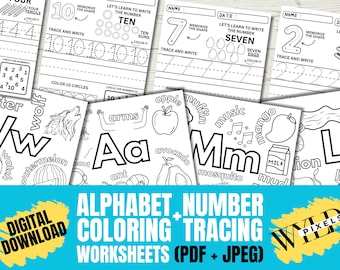 Alphabet Number Tracing Coloring Pages: Preschool Worksheets (PDF & JPEG)