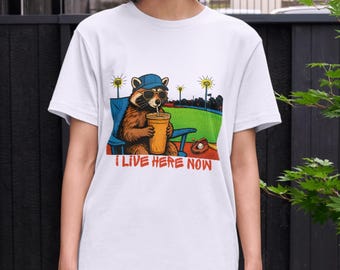 Funny Game Day Raccoon Graphic I live Here Now Meme Ballpark Field Softball Mom Tee, Baseball Mama T-shirt Design PNG Sublimation