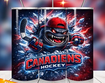 Puede incluir: Un vaso de acero inoxidable con un monstruo de hockey de dibujos animados con una gorra roja y un palo de hockey. El diseño incluye las palabras "CANADIENS HOCKEY" en rojo y azul, sobre un fondo de relámpagos y hielo roto.