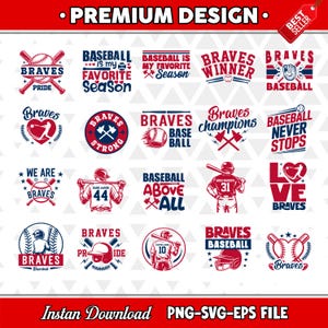 Puede incluir: Una colección de diseños con temática de béisbol que presentan la palabra "Braves" en varios estilos. Los diseños incluyen pelotas de béisbol, bates y frases como "El béisbol es mi temporada favorita". Los diseños son en rojo, blanco y azul.