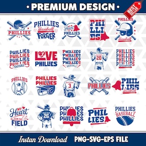 May include: A collection of Phillies baseball-themed designs in red and blue. The designs include baseballs, bats, helmets, and the words "Phillies," "Baseball," and "Forever." The phrase "My Heart is on that Field" is also present.