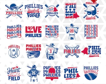 May include: A collection of Phillies baseball-themed designs in red and blue. The designs include baseballs, bats, helmets, and the words "Phillies," "Baseball," and "Forever." The phrase "My Heart is on that Field" is also present.