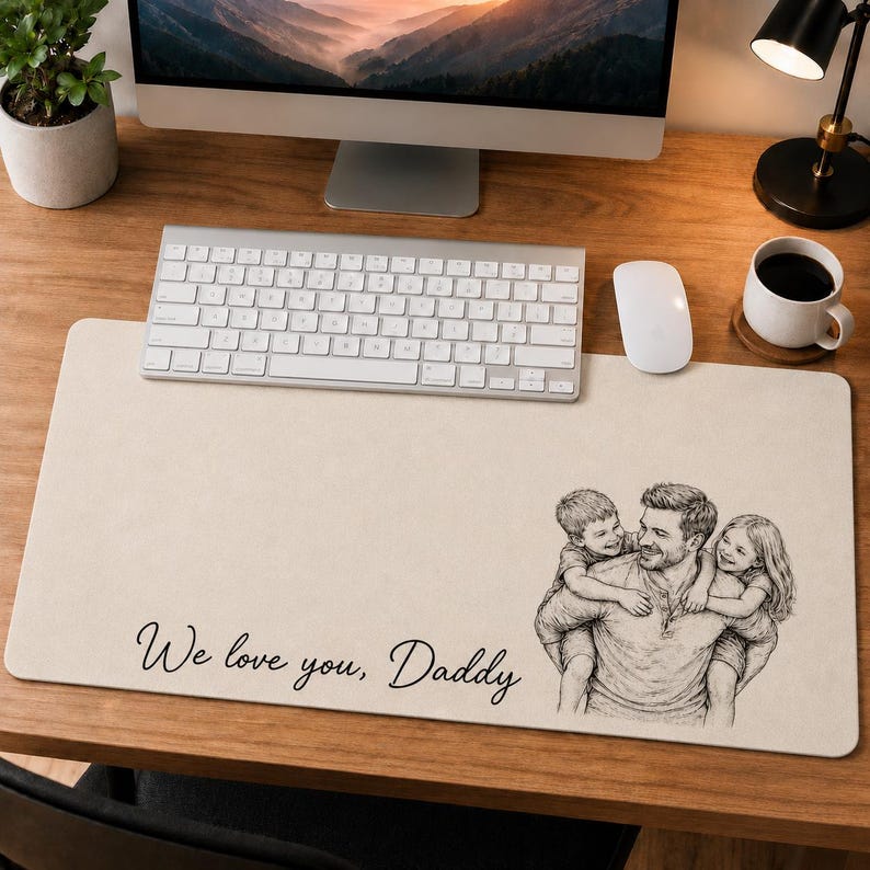 May include: A beige desk mat featuring a black and white illustration of a father with two children. The cursive text reads "We love you, Daddy". A keyboard, mouse, and a coffee cup are visible on the wooden desk.