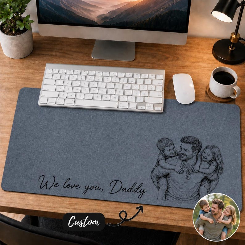 May include: A grey desk mat featuring a custom illustration of a father and two children. The mat has the text "We love you, Daddy" and a "Custom" label. A white keyboard and mouse are on the mat.