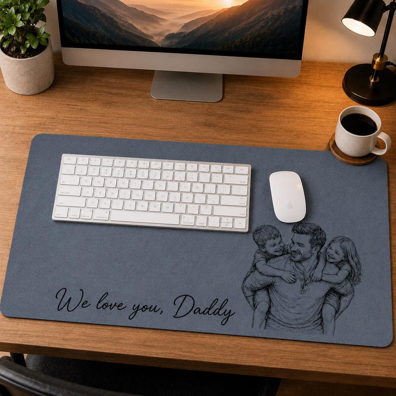 May include: A grey desk mat with a white keyboard, mouse, and a coffee cup. The mat features a sketch of a father carrying two children and the text "We love you, Daddy."