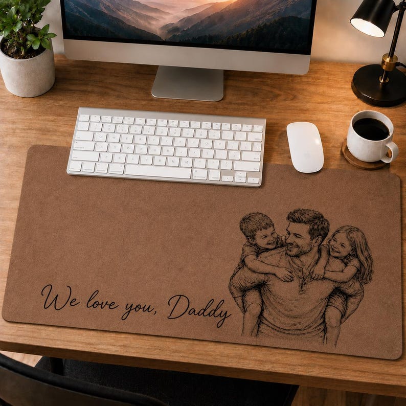 May include: A brown desk mat featuring a sketch of a father with two children, and the cursive text "We love you, Daddy". A white keyboard, mouse, and a coffee cup are visible on the desk.