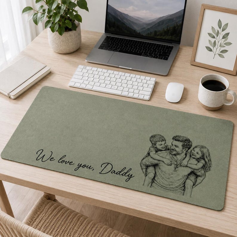May include: A rectangular sage green desk mat featuring the text "We love you, Daddy" and a sketch of a father with two children. The mat is on a light wood desk, with a laptop, keyboard, and a coffee mug.