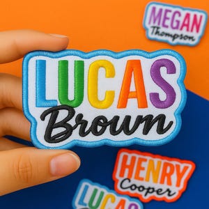 Custom Colorful Embroidered Name Patch –Iron-On Sew-On Hook & Loop | Personalized Text Tag | Kids Name Patch for Backpack,Uniform,Hat,Jacket