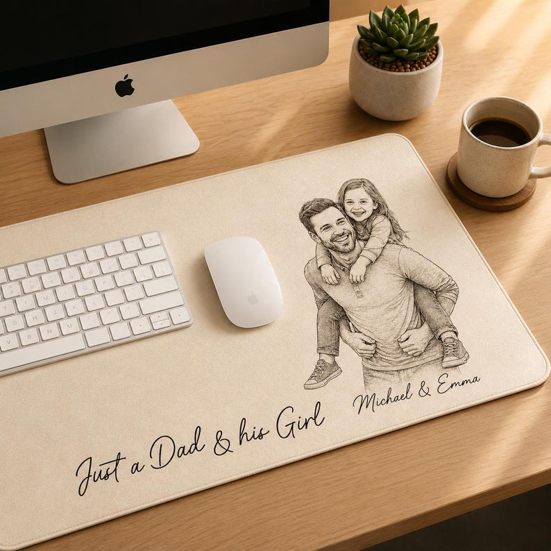 May include: A beige rectangular desk mat with a pencil sketch of a father carrying his daughter. The text "Just a Dad & his Girl" and names "Michael & Emma" are printed on the mat. A computer, keyboard, and mouse are on the desk.