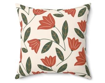 Red Floral Square Pillow: Large Scale Flower Cushion