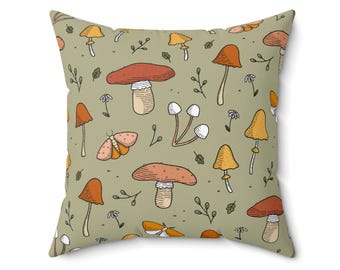 Mushroom Forest Throw Pillow, Boho Woodland Cushion, Nature Inspired Home Decor