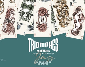 Może przedstawiać: Talia 56 kart do gry z unikalnymi ilustracjami. Karty przedstawiają sztukę steampunk i fantasy, w tym róże, pegazy i postacie z kołami zębatymi. Widoczne są teksty "TRIOMPHES" i "Jass".