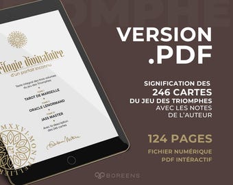 Może przedstawiać: Tablet cyfrowy wyświetlający dokument PDF zatytułowany Trilogie Divinatoire d'un parfait inconnu. Ekran zawiera listę Tarot de Marseille, Oracle Lenormand i Jass Master, wskazując 246 kart i 124 strony. Tło jest ciemnobrązowe z białym tekstem.