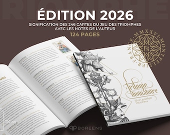 Może przedstawiać: Otwarta książka z tekstem i ilustracjami, obok zamkniętej książki z tytułem "Trilogie Divinatoire" i tekstem "ÉDITION 2026". Okładka zawiera szczegółową czarno-białą ilustrację. Książka ma 124 strony.