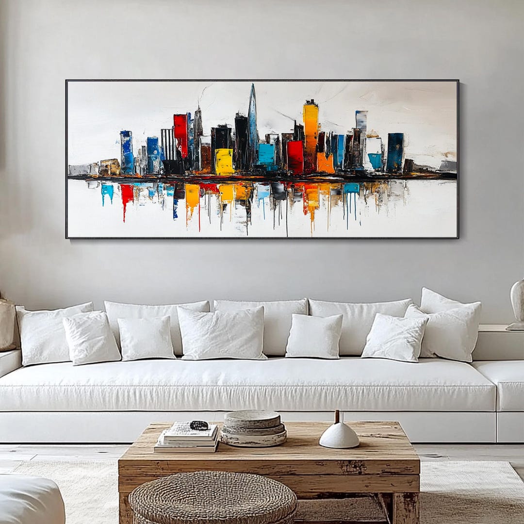 3D Textured Wall Art Cityscape Painting on Canvas Modern Urban Artwork ...