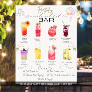 Geburtstagsparty Limonade Bar Schild - Lustige und farbenfrohe druckbare Getränkekarte mit benutzerdefinierten Geschmacksrichtungen - Geburtstagsfeier Getränkestation
