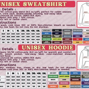 product details and care instructions for a unisex sweatshirt, including measurements, fabric types, and care instructions.