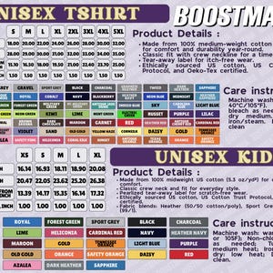 a detailed description of a unisex t-shirt, including its product details, care instructions, and a color chart. The text is organized into sections, providing specific information about the t-shirt's size, material, and care instructions. The image is not a collage of multiple images, but rather a single, comprehensive description of the t-shirt.