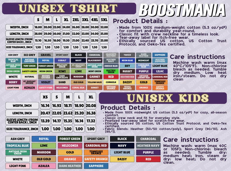 a detailed description of a unisex t-shirt, including its product details, care instructions, and a color chart. The text is organized into sections, providing specific information about the t-shirt's size, material, and care instructions. The image is not a collage of multiple images, but rather a single, comprehensive description of the t-shirt.