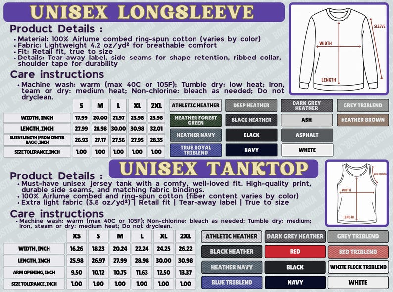 a detailed description of a long sleeve tank top, including product details, care instructions, and color options.