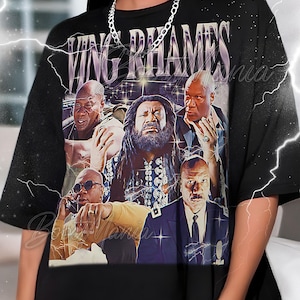 May include: Black t-shirt featuring a graphic of Ving Rhames with a vintage design. The shirt has a crew neck and short sleeves. The graphic includes multiple images of the actor with the name "Ving Rhames" in a stylized font.