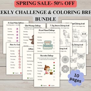 Könnte beinhalten: Ein druckbares 10-seitiges Wochenpaket mit Herausforderungen und Malpausen. Die Herausforderungen beinhalten eine Social-Media-freie Herausforderung, eine Herausforderung für stille Morgen, eine Herausforderung für den gegenwärtigen Moment, eine Beobachtungsherausforderung, telefonfreie Abende und eine Koffeinentgiftung. Die Malvorlagen beinhalten eine 7-tägige Einhorn-Malpause, eine Tier-Malpause und eine Mandala-Malpause.