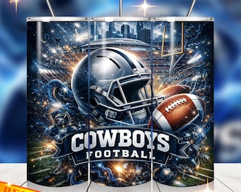 May include: A stainless steel tumbler featuring a Cowboys football design. The design includes a football helmet, a football, and the words "Cowboys Football" against a backdrop of a stadium and city skyline. The tumbler has a "Best Seller" banner.