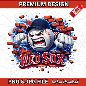 Pode incluir: Gráfico digital de uma bola de beisebol zangada, usando um boné azul, quebrando uma parede de tijolos. O texto "RED SOX" é exibido em vermelho e branco. A imagem inclui o texto "PREMIUM DESIGN" e "BEST SELLER".