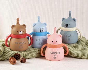 Silicone Baby Cup with Name 7oz, Gift for Baby, Toddler Silicone Cup 200 ml, 1st birthday, Custom Non-Spill Baby Training Cup with Straw