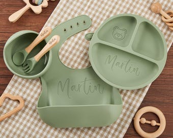 Personalised Silicone Weaning Set,Custom Baby Plate,Baby Weaning Set for Toddler,Engraved Silicone Bib,Name Feeding Set,Baby Shower Gifts