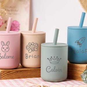 Silicone Baby Cup with Name 7oz,Name Baby Sippy Gift,Back to School,Toddler Silicone Cup 200ml,Custom Non-Spill Baby Training Cup with Straw
