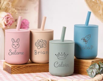 Silicone Baby Cup with Name 7oz,Name Baby Sippy Gift,Back to School,Toddler Silicone Cup 200ml,Custom Non-Spill Baby Training Cup with Straw