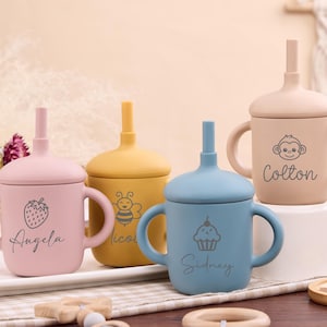 Silicone Baby Cup with Name,Baby Shower Gifts,Back to School,Personalized Toddler Silicone Cup,Custom Non-Spill Baby Training Cup with Straw