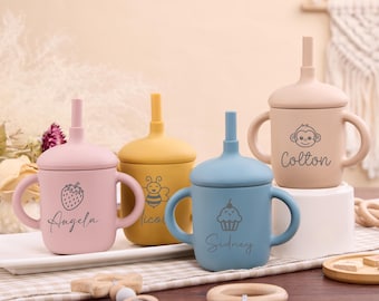 Silicone Baby Cup with Name,Baby Shower Gifts,Back to School,Personalized Toddler Silicone Cup,Custom Non-Spill Baby Training Cup with Straw