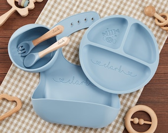 Personalized Silicone Weaning Set,Toddler Feeding Set with Name,Cartoon Weaning Set for Baby Kids,Baby Boy&Girl Plate,Baby Shower Gifts