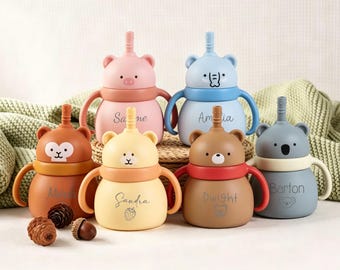 First Birthday Gift, Personalized Silicone Baby Cup with Straw 200ml, Engraved Toddler Training Cup, Non-Spill Baby Training Cup with Straw