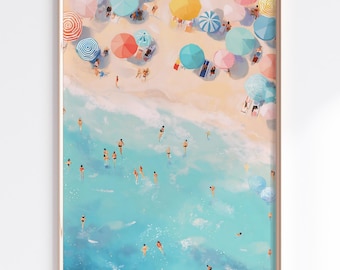 空撮ビーチプリント｜カラフルな傘、海辺の壁掛けアート（デジタルダウンロード）