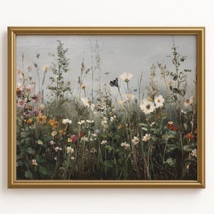 Wildflower Meadow Wall Art | Botanical Field Painting with Butterflies and Blooming Flowers | Cottagecore Nature Printable Digital Download