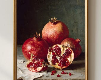 Pomegranate Art | Vintage Fruit Painting with Red Pomegranates | Rustic Kitchen Dining Room Printable Digital Download