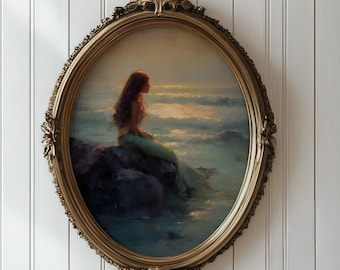 Vintage zeemeerminkunstprint | Fantasy Ocean Sunset (digitale download)