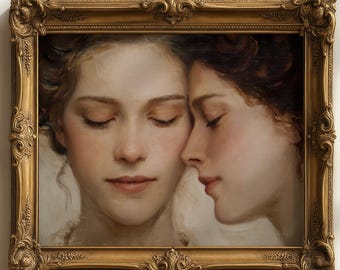 Lesbian Wall Art Print, Intimate Sapphic Portrait, Classical Oil Painting Style, Romantic Couple Decor, Anniversary Gift