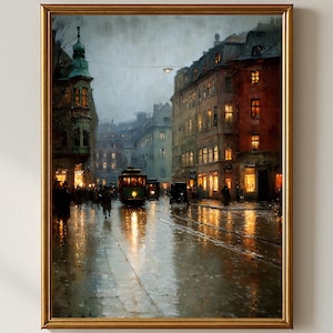 Rainy Cityscape Printable Wall Art, Moody Night Street Lights Print, Vintage European Urban Painting, Atmospheric Decor, Instant Download