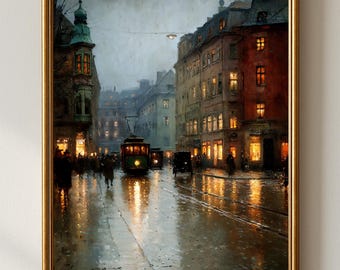 Arte mural imprimible de paisaje urbano lluvioso, impresión de luces de calle nocturnas melancólicas, pintura urbana europea vintage, decoración atmosférica, descarga instantánea