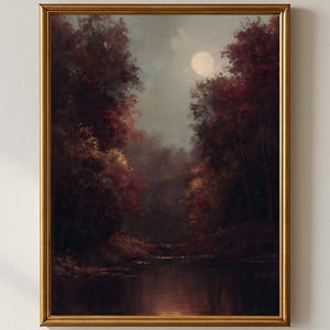 Stimmungsvoller Wald druckbare Wandkunst, Mondschein Fluss Landschaft Ölgemälde, dunkler Herbst Wald Dekor, Instant Download
