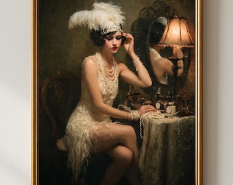 Vintage Glamour Wall Art Print, Elegant Woman Portrait Oil Painting, Dressing Room Vanity Decor, Moody Classic Art Print
