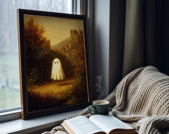 Vintage Halloween Ghost Art Print | Rustic Autumn Landscape (Digital Download)