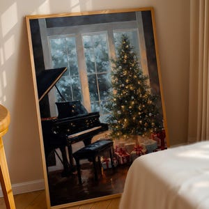 May include: A framed painting depicts a Christmas scene. A black grand piano sits in front of a window overlooking a snowy landscape. A decorated Christmas tree with presents underneath is to the right of the piano.