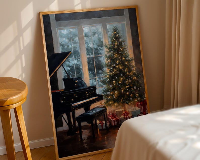 May include: A framed painting depicts a Christmas scene. A black grand piano sits in front of a window overlooking a snowy landscape. A decorated Christmas tree with presents underneath is to the right of the piano.