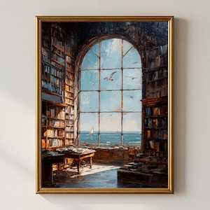 May include: A framed oil painting depicts a library interior with a large arched window overlooking the sea. Bookshelves line the walls, and seagulls fly outside. The painting has a warm, inviting color palette.