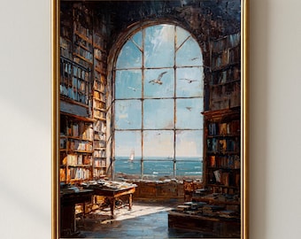 Coastal Library Painting, Seaside Reading Nook Art, Ocean View Book Lover Decor (PDF Download)
